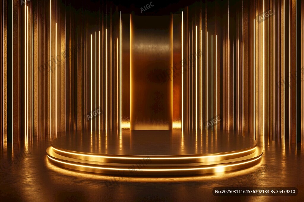 金色舞臺 垂直光條 圓形講臺 深色背景