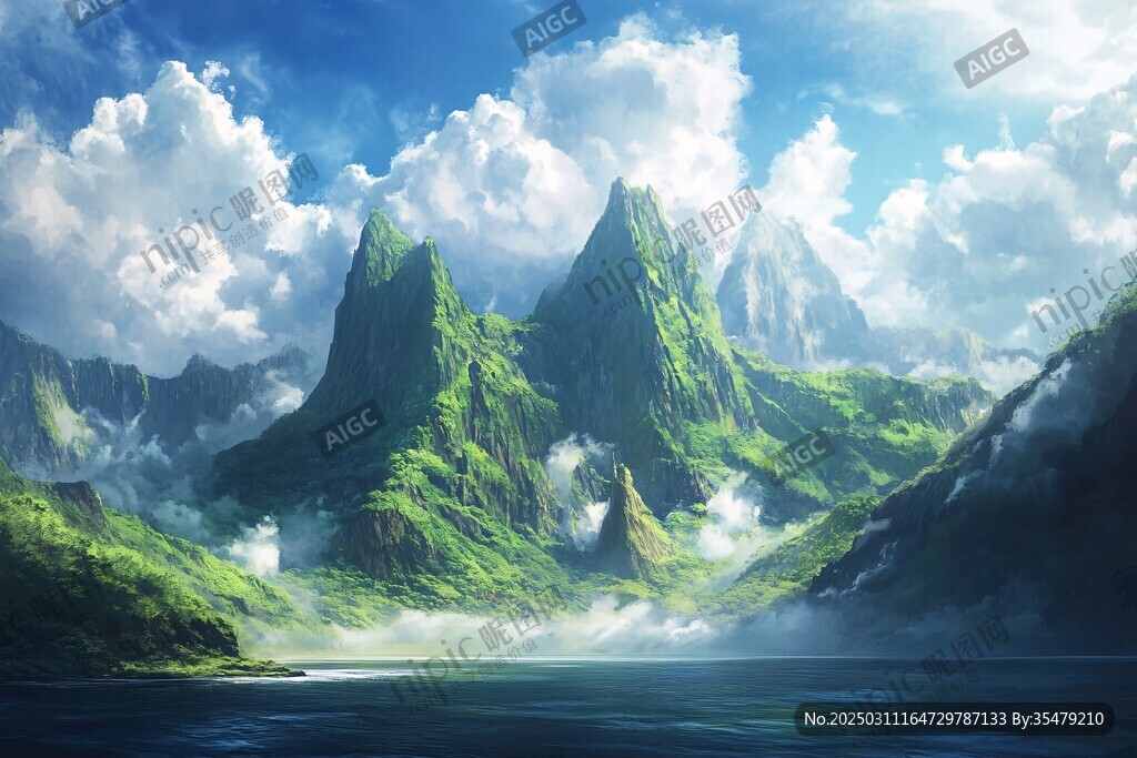 山谷中的綠色山脈和水體