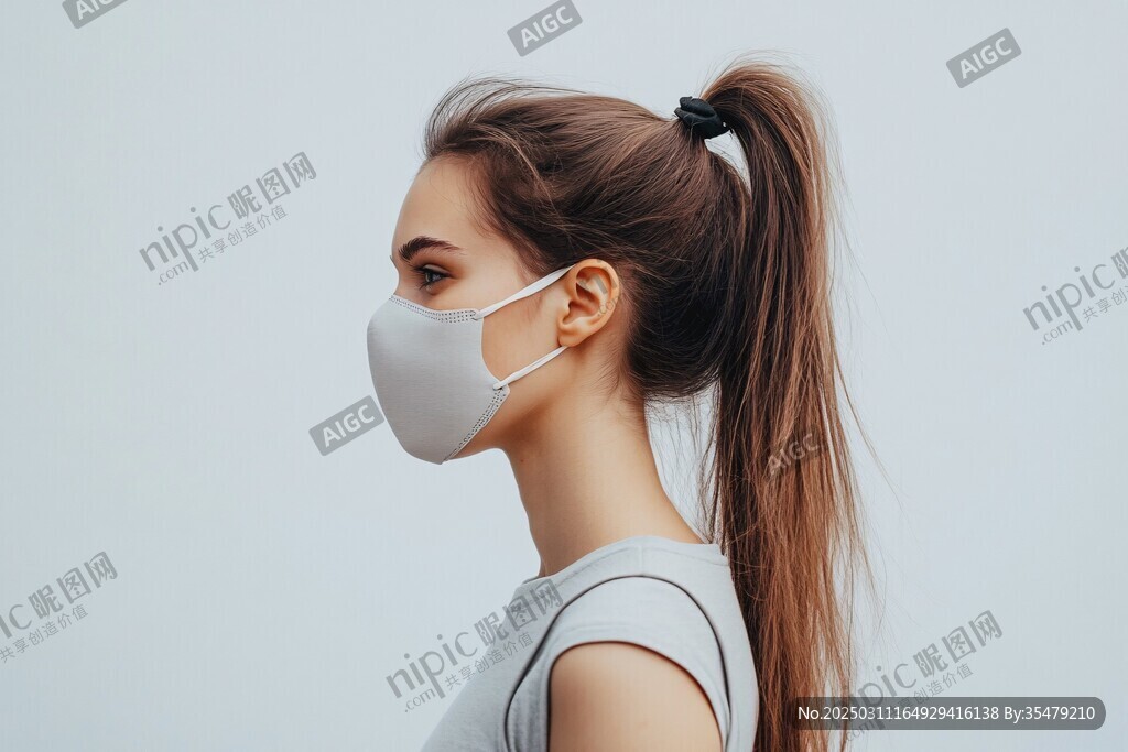 年輕女性佩戴口罩的側面肖像