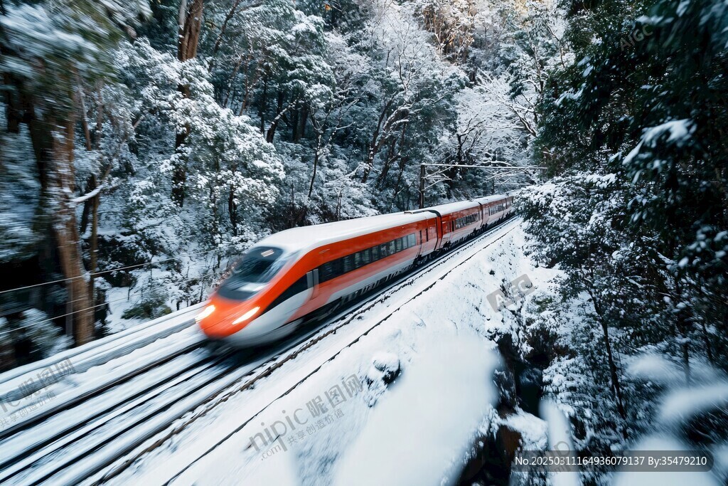 雪地森林中的高速列車