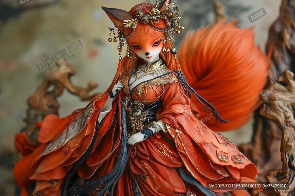 神秘狐仙 紅衣女子 精致頭飾 木制背景