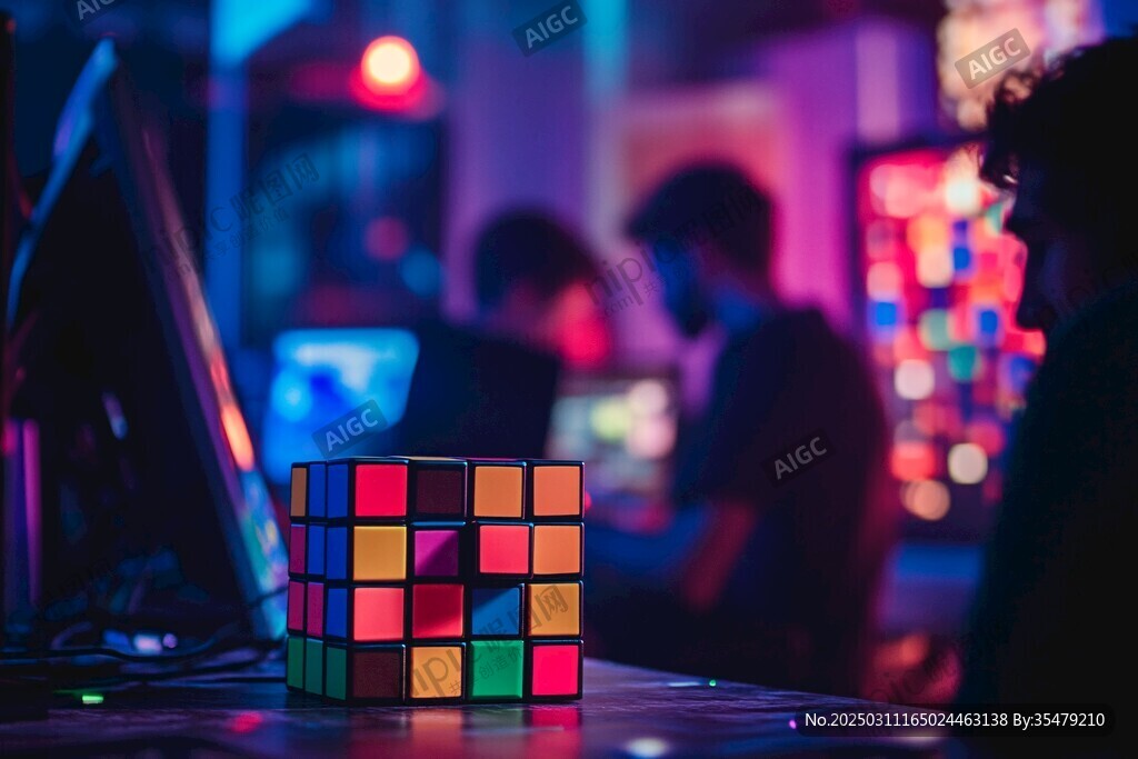 霓虹燈下的辦公室夜景