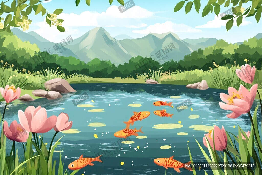碧波蕩漾 金魚(yú)翩躚 山水畫(huà)卷