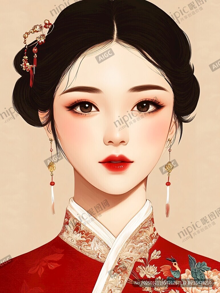 紅衣女子 傳統(tǒng)發(fā)飾 精致妝容