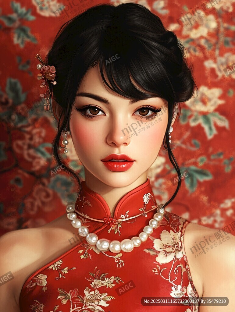 紅衣女子 背景花卉
