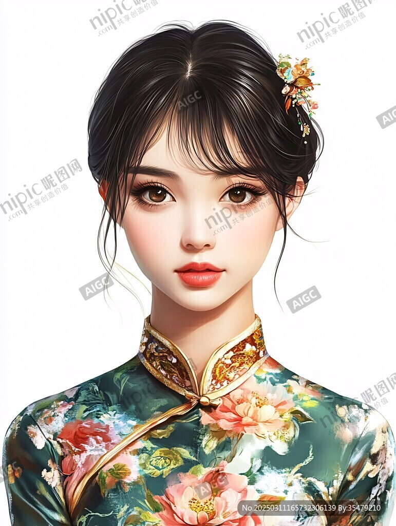 旗袍女子 精致妝容 頭戴花飾 背景為白色