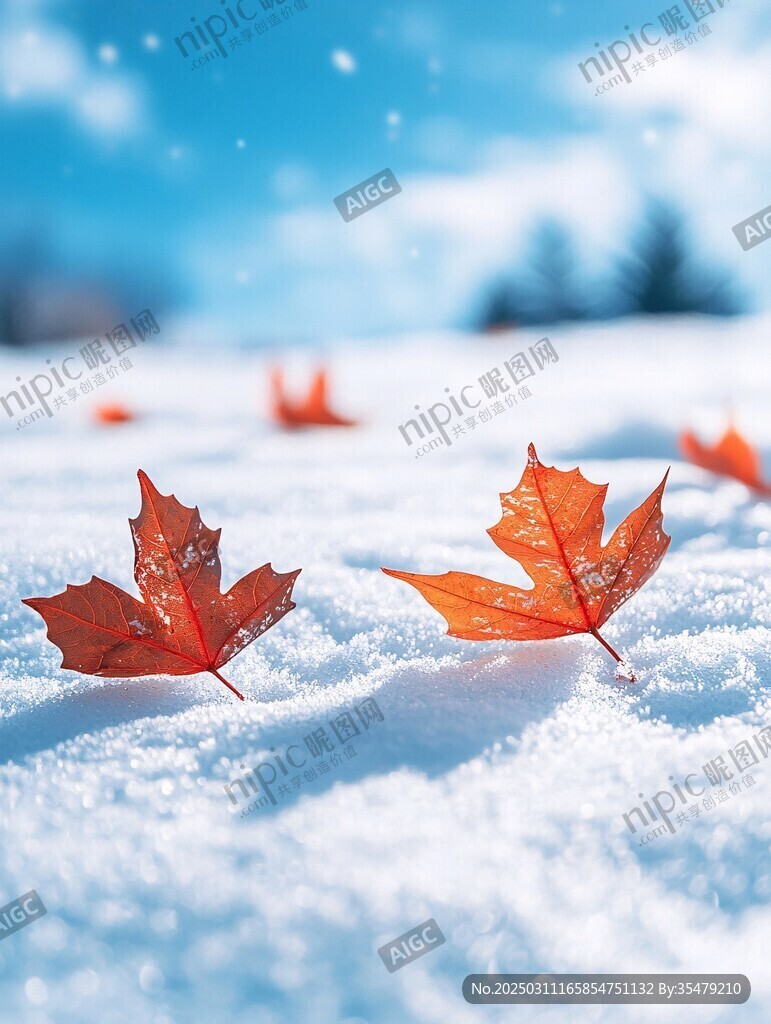 冬日暖陽映照下的楓葉雪地