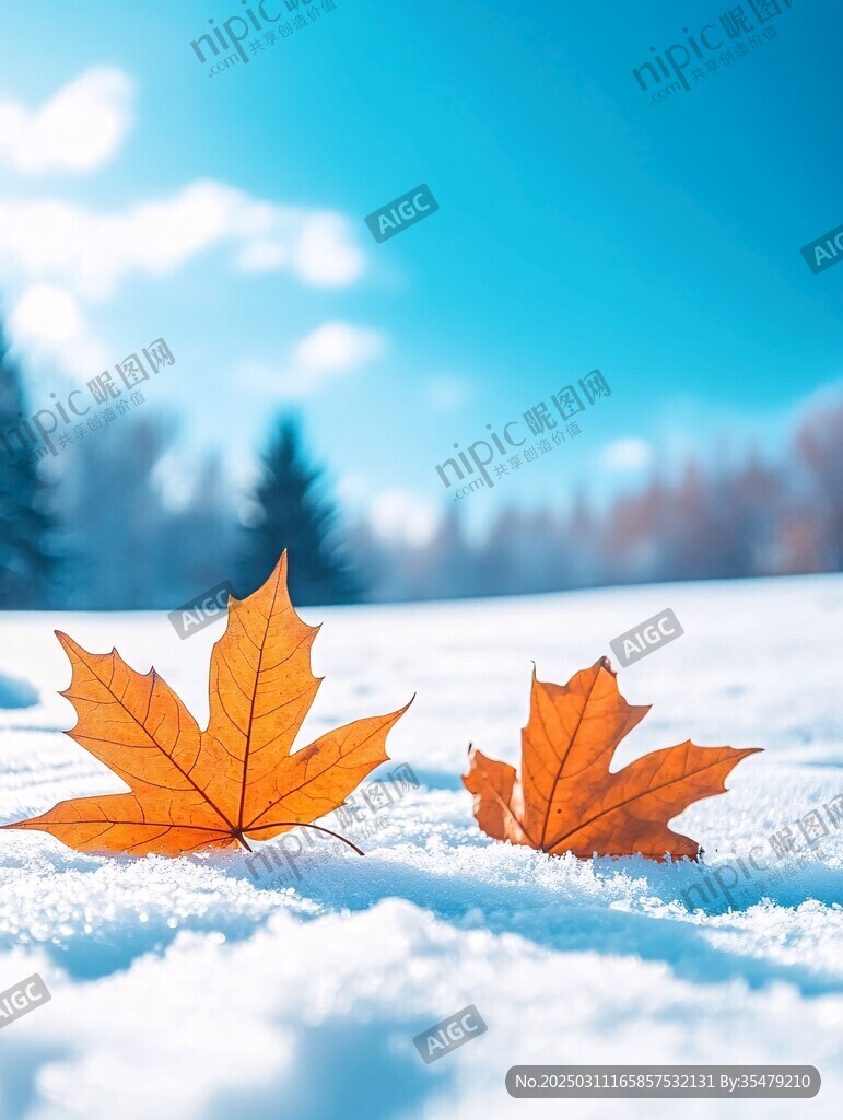 冬日暖陽映照下的楓葉雪地