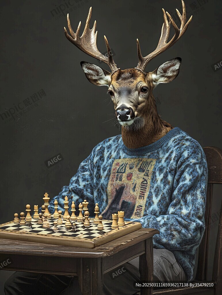 鹿頭人身下棋圖像