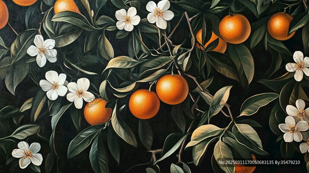 橙色花朵與橙子