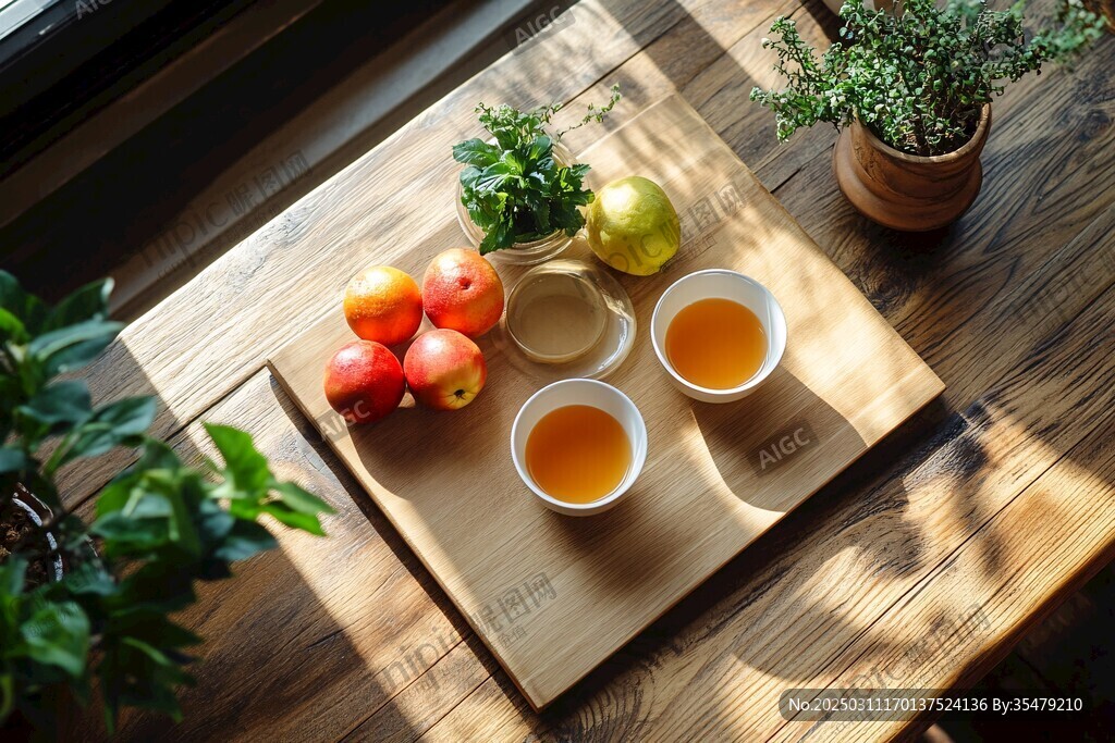 陽光下的果蔬與茶