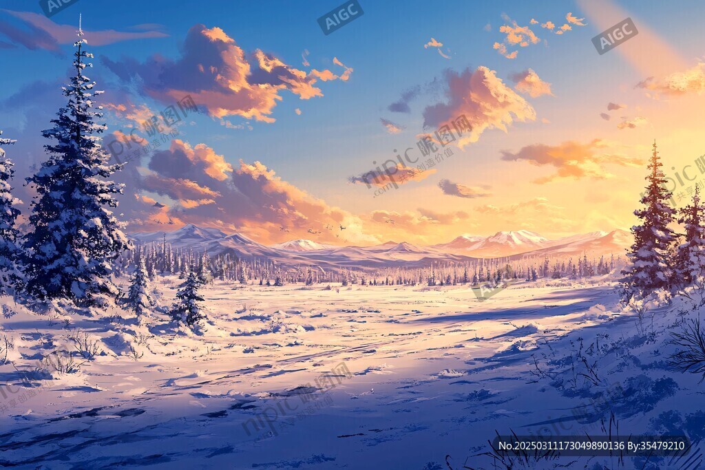 冬日落霞下的雪地山景
