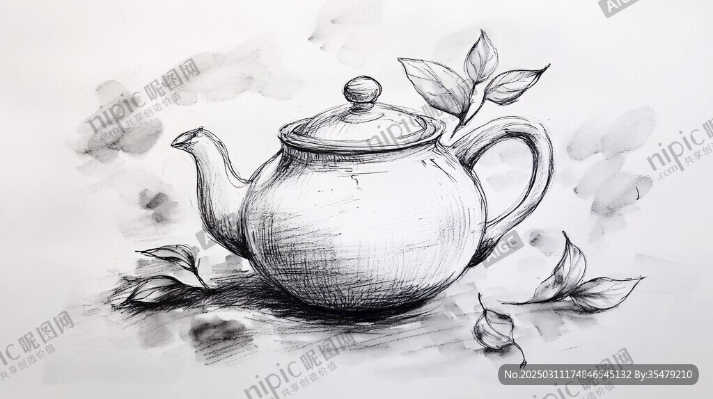 水墨茶壺與葉子