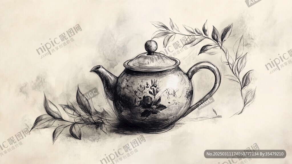 復(fù)古茶壺與植物素描