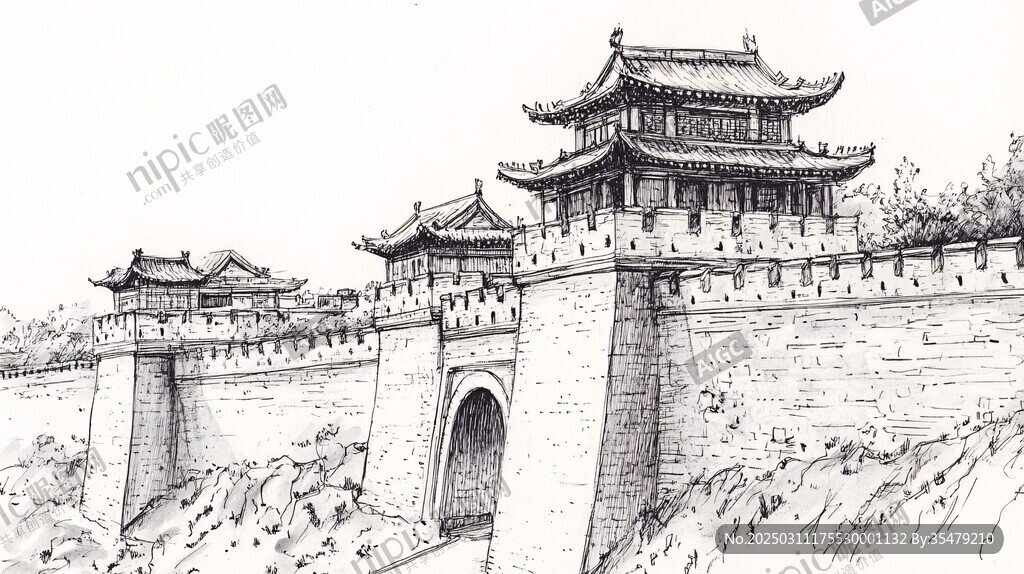 中國古代城墻手繪圖