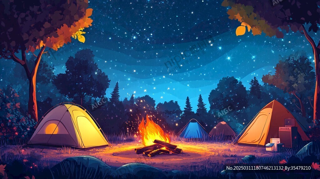 森林中的篝火夜晚