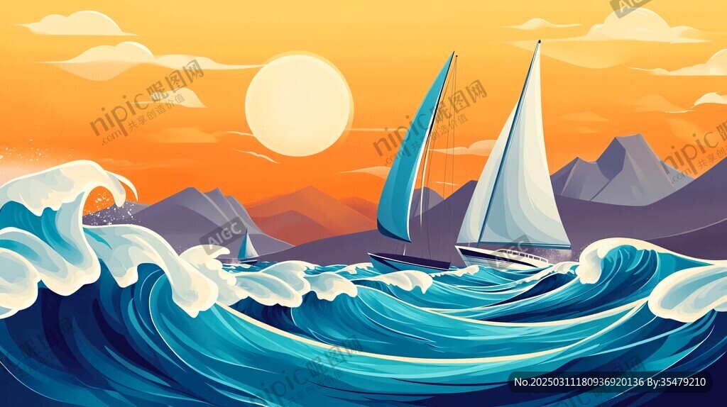 日落下的帆船與風暴海浪