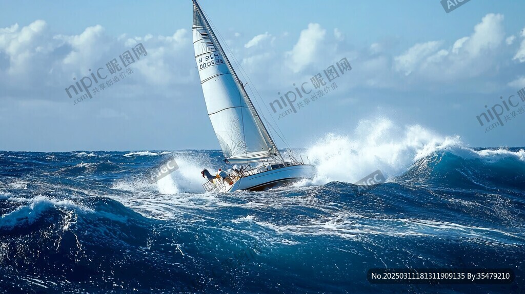 風帆船在洶涌海浪中破浪前行