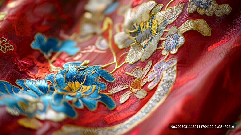 紅色綢緞上的精致藍(lán)金花卉刺繡
