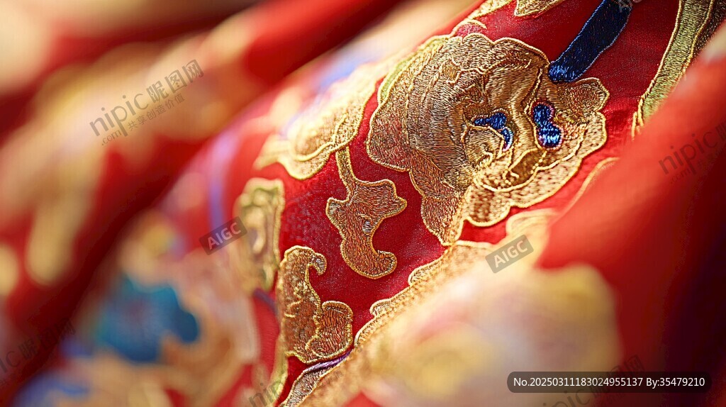 紅色綢緞上的金色刺繡