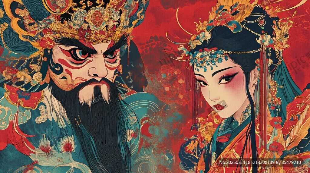 京劇人物紅妝艷抹