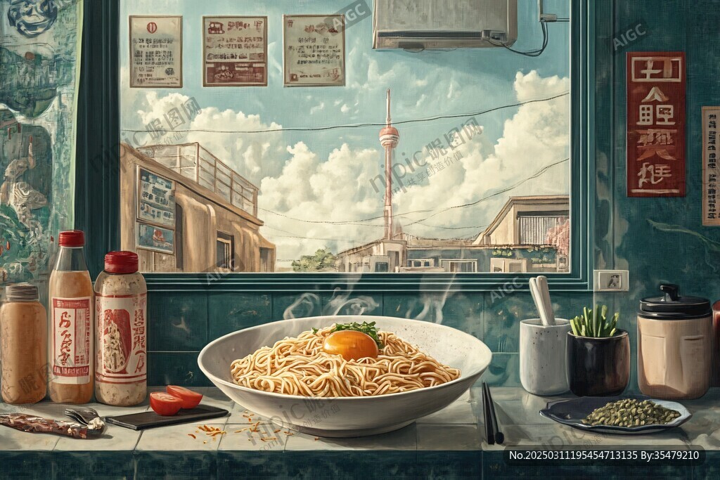 熱氣騰騰的面條 窗外是城市風景