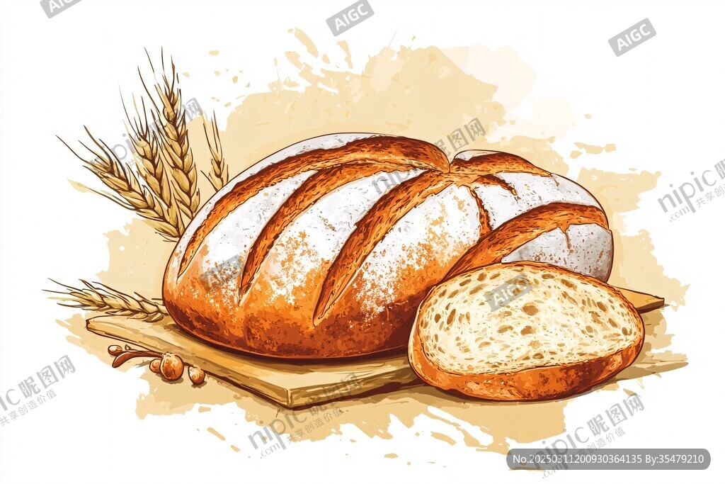 全麥面包與麥穗的插畫