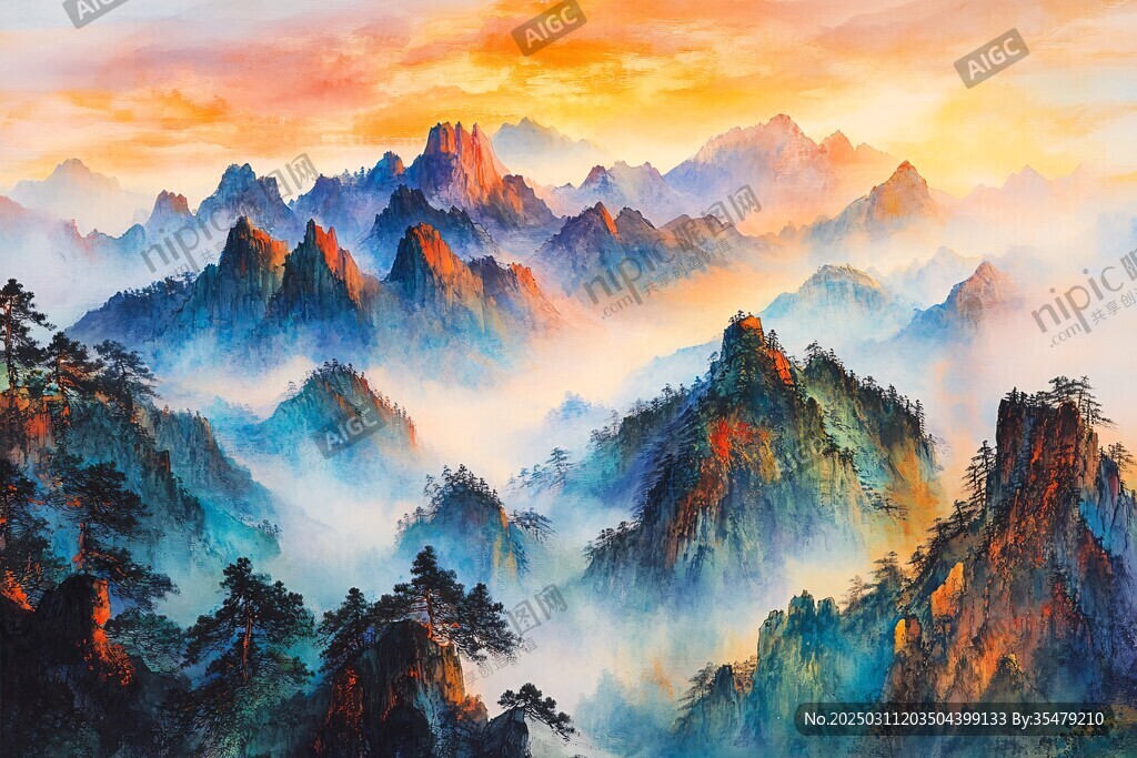 云霧繚繞的山脈日出