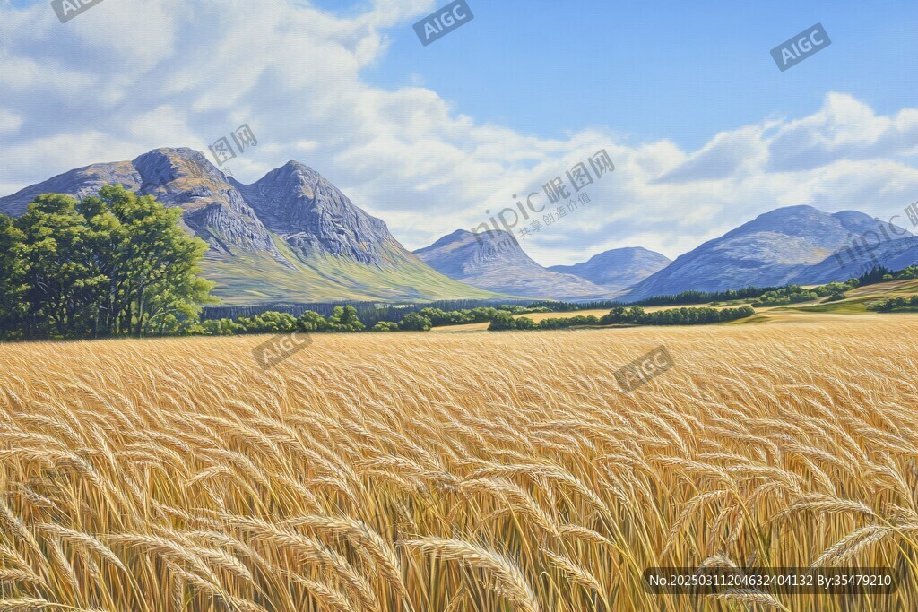 金色麥田與山脈的風景
