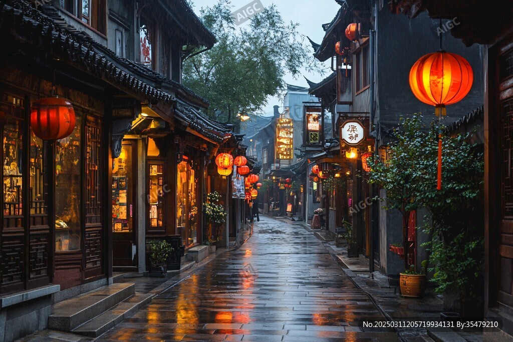 古城雨夜 紅燈高掛