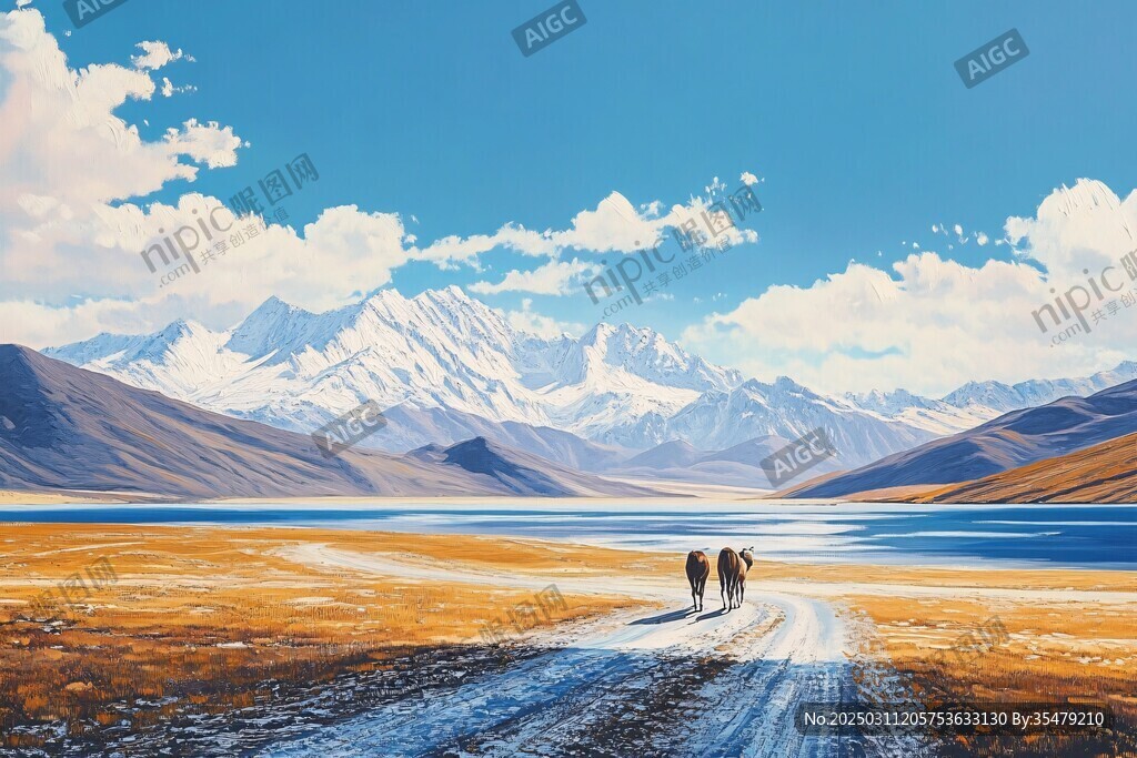 壯麗山景 湖泊與馬群