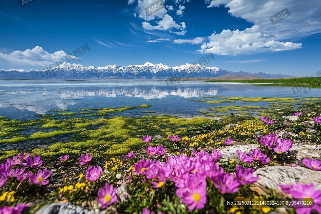 碧水藍天下的花海風景