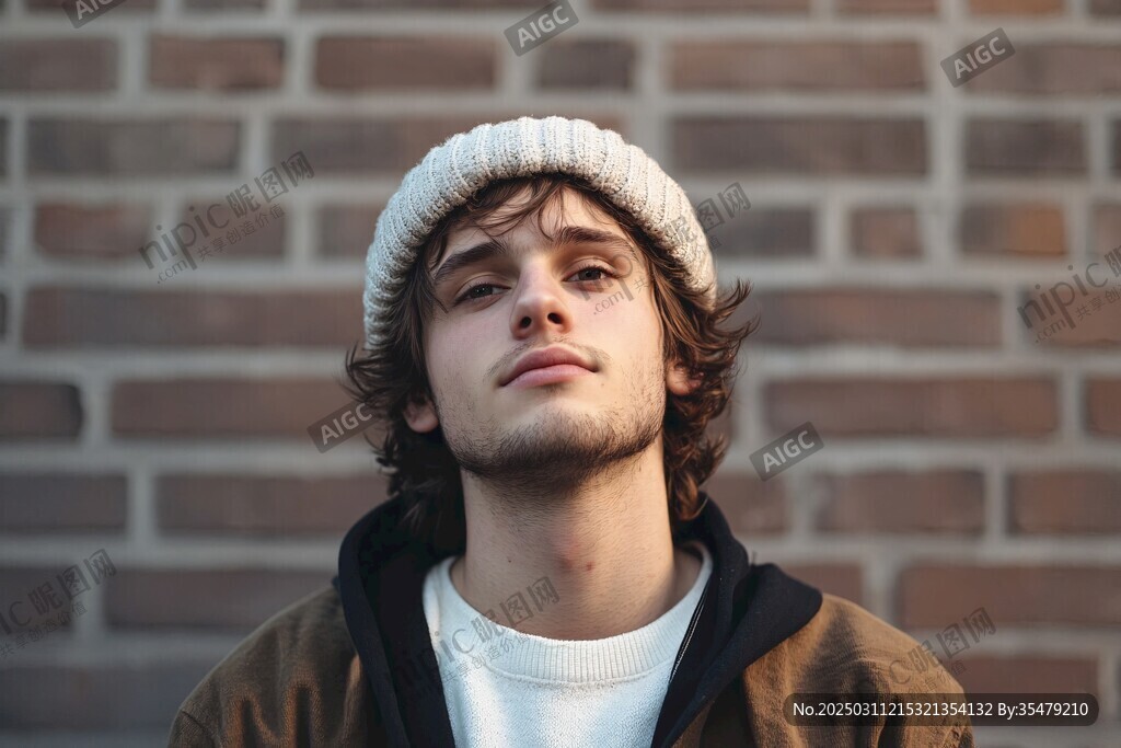 年輕男子磚墻前立