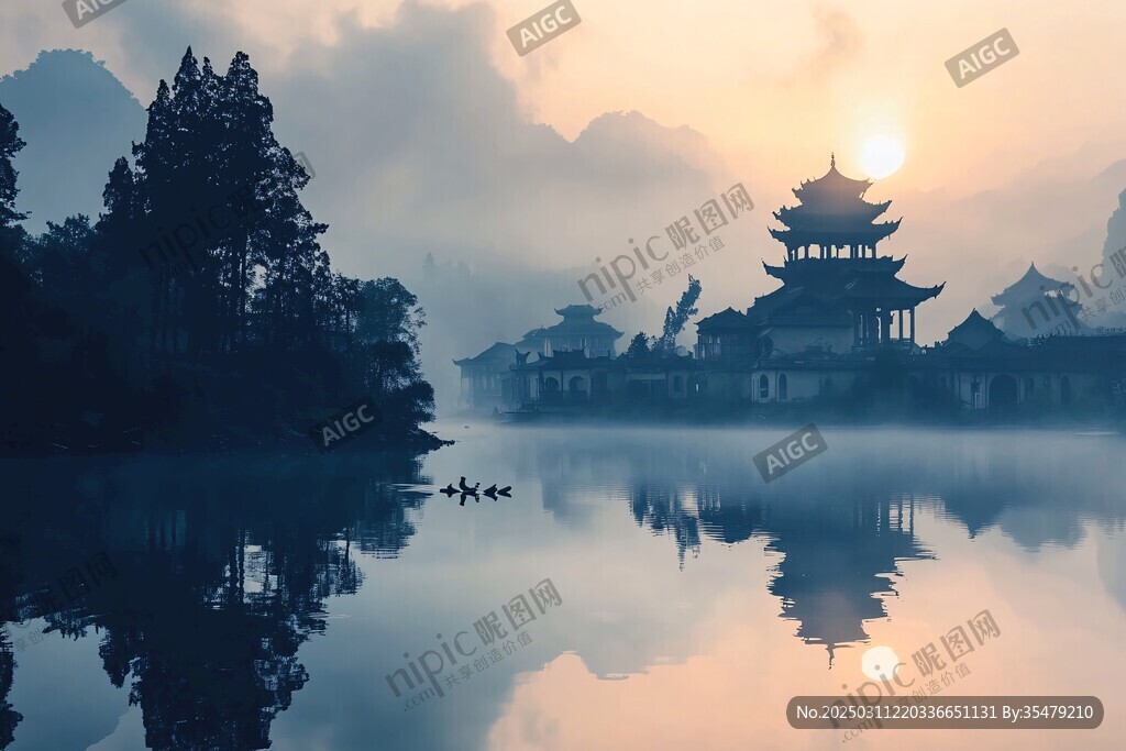 湖光瀲滟 樓閣倒影