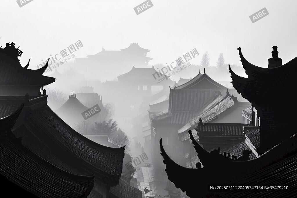 云霧繚繞的古鎮風光