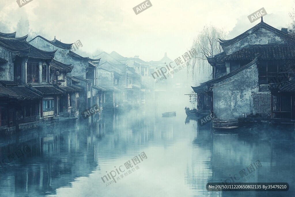 古鎮(zhèn)迷霧籠罩的清晨