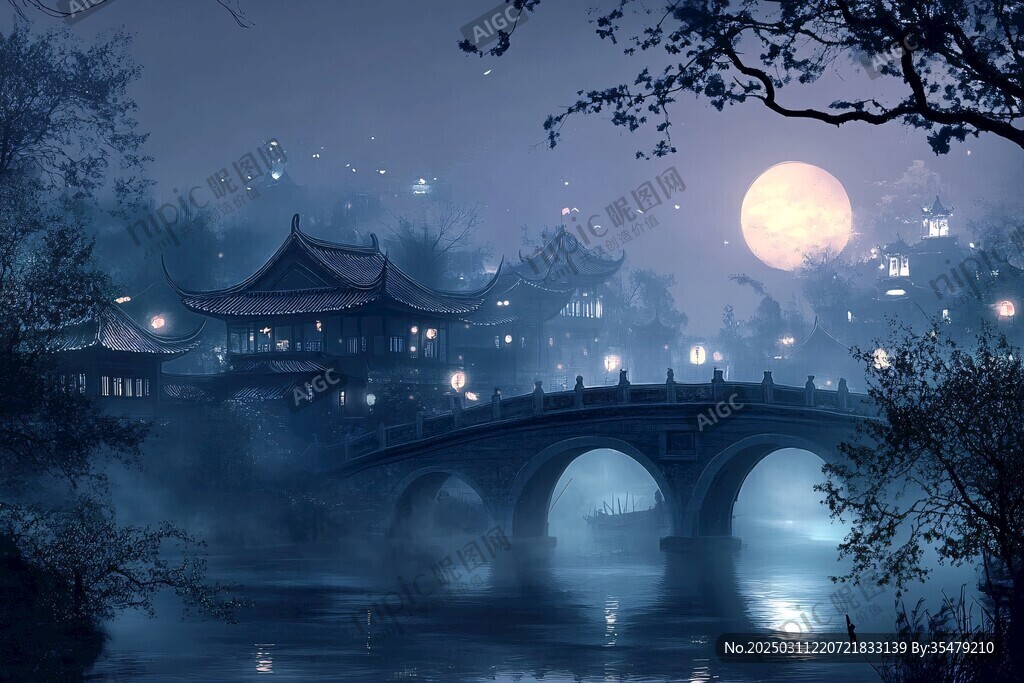 月下小鎮的寧靜夜晚