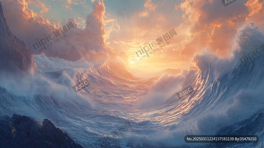 日落下的洶涌海浪