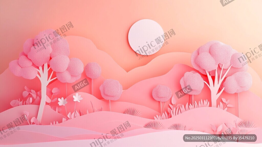 粉色紙藝風(fēng)景畫