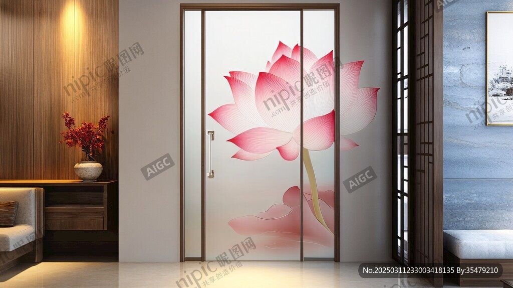現(xiàn)代簡約風(fēng)格室內(nèi)設(shè)計(jì) 木質(zhì)家具 藝術(shù)玻璃門 蓮花圖案 寧靜舒適的生活空間