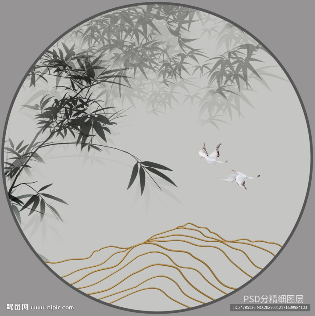 圓形水墨竹子玄關畫