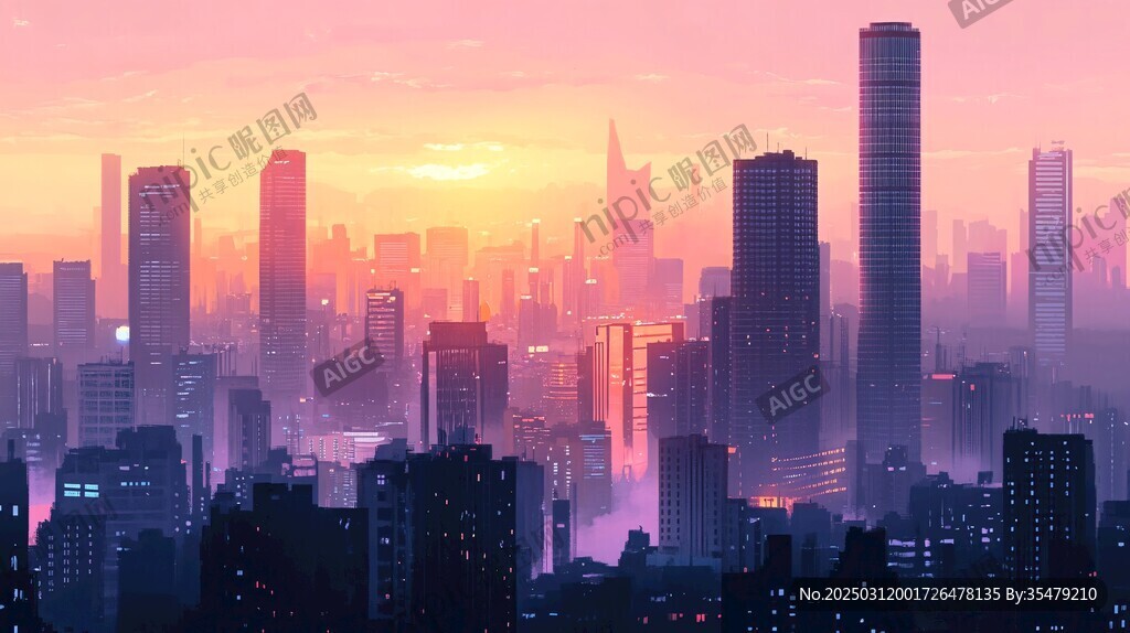 日落下的城市天際線