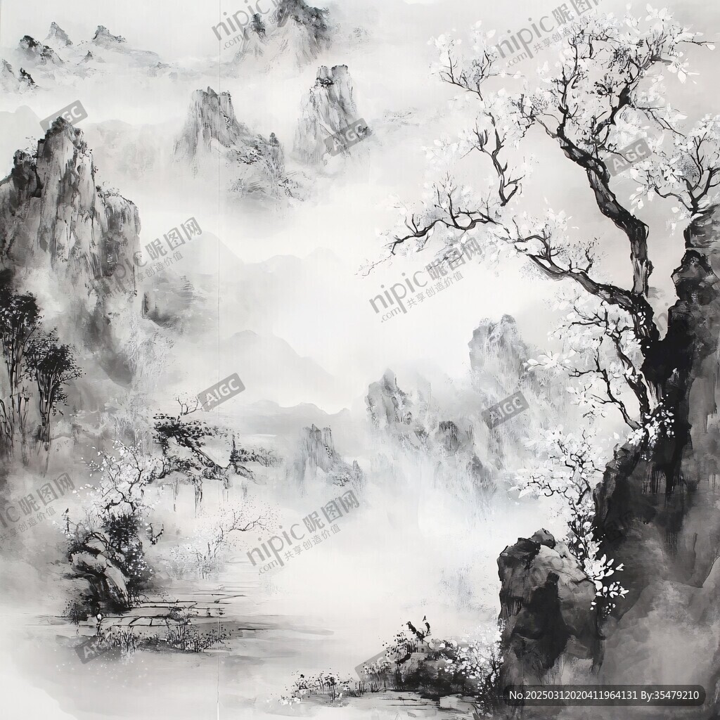山水畫中的梅花與山峰