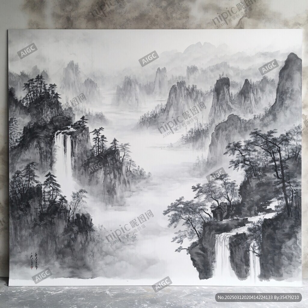 山水畫 云霧繚繞的山峰和瀑布