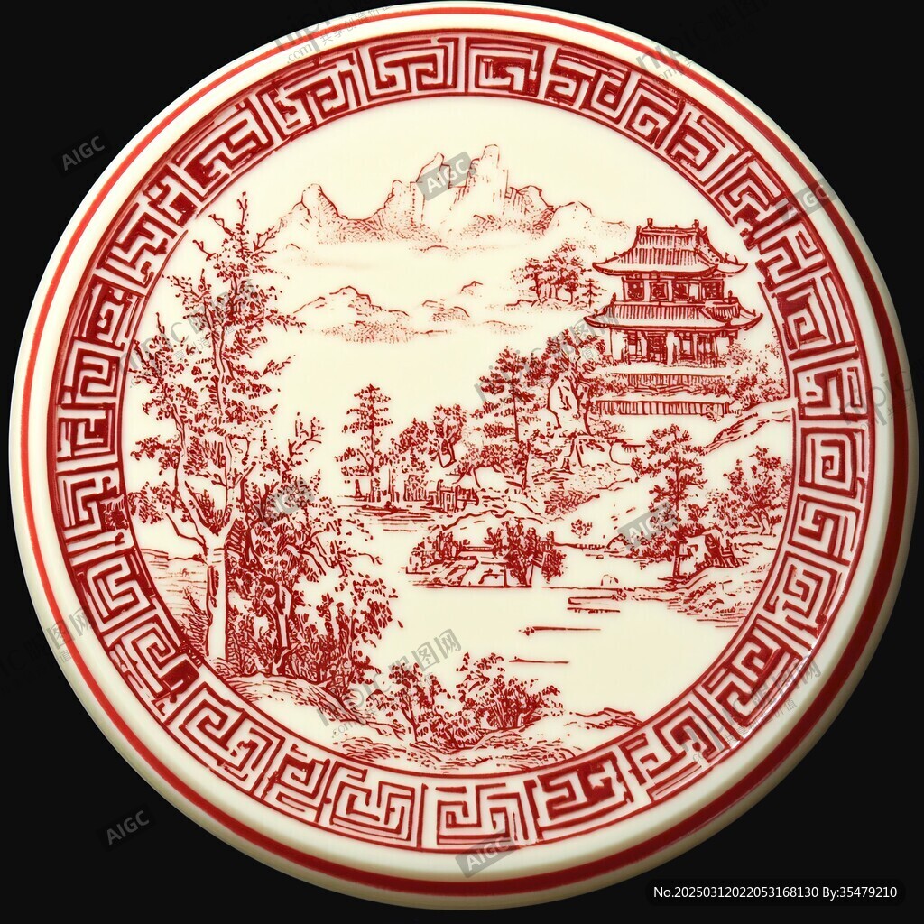 紅色印花陶瓷圓形盤子