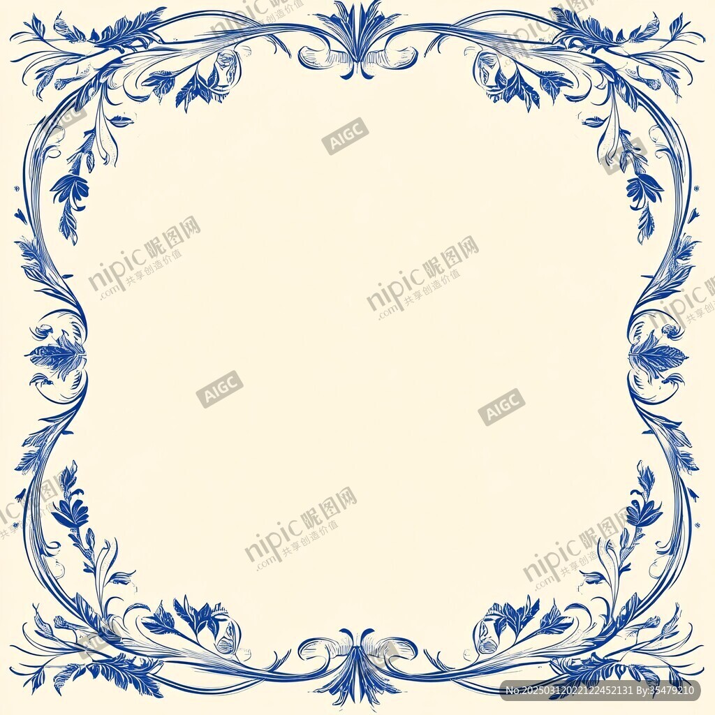 復古藍色花卉邊框設計