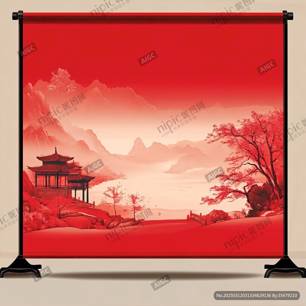 紅色山水畫背景
