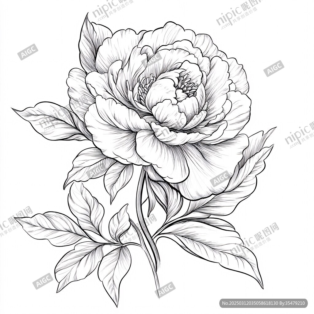 黑白線條畫牡丹花與葉子