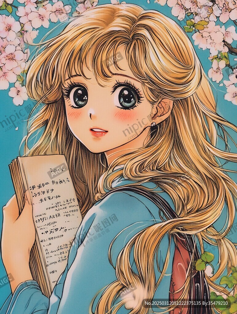 櫻花少女手拿書本