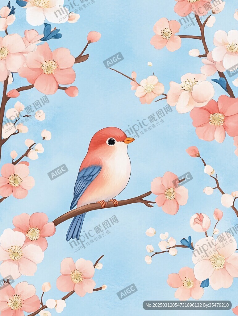 春日里的小鳥和花朵
